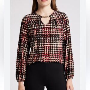 Anne Klein Printed Long Sleeve Pleat Neck Blouse